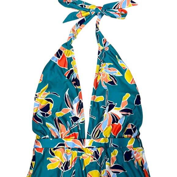 ModCloth Floral Halter Plunge Neck One Piece Swimsuit Medium Retro Blue - Picture 3 of 7